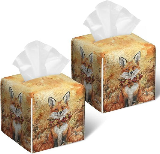 Autumn Fox Pumpkin Tissue Box Cover 2PCS, Leather Tissue Box Holder Square Facial Paper Case Tissue Box Cube Organizer for Bathroom Bedroom Desk Office - ModernBath