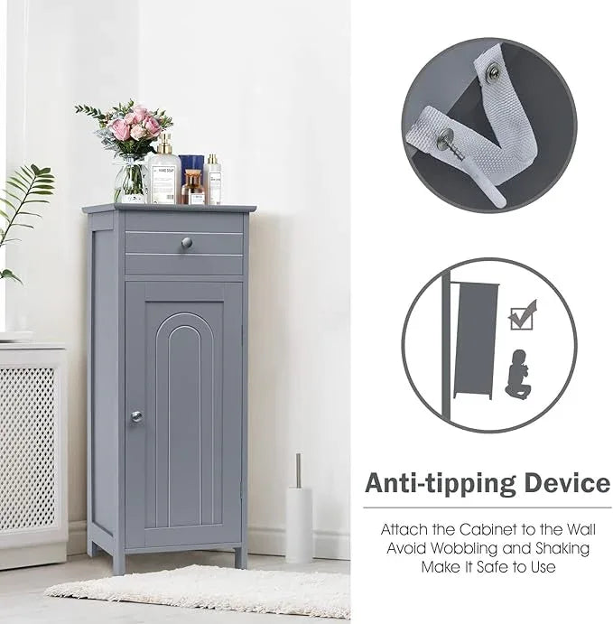 HAPPYGRILL Bathroom Floor Cabinet, Single Door Floor Storage Cabinet Organizer with Drawer and 3-Level Adjustable Shelves, Bathroom Cabinets Freestanding with Anti-Tipping Device for Living Room - ModernBath