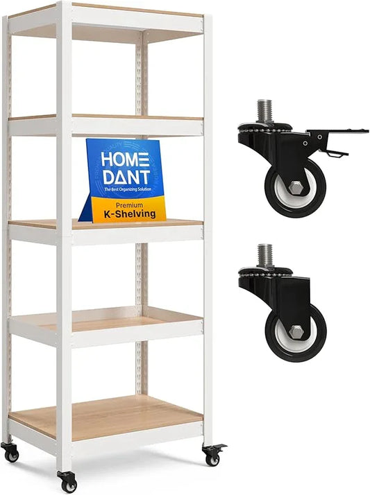 HOMEDANT House 5-Tier Metal Rolling Cart Shelf Rack Casters Heavy Duty Laminated Wheel Shelving Unit Adjustable Utility Storage Shelves Organizer Shelf Kitchen Garage (1, (S) 24.4" W, White) - ModernBath