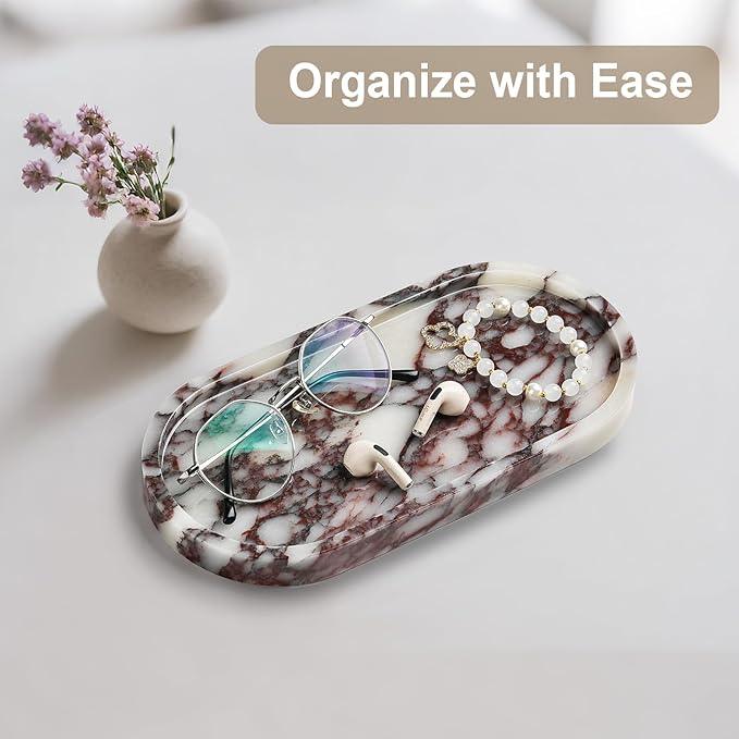 Natural Marble Vanity Tray - Moujings Genuine Marble Perfume Tray for Bathroom Decor, Stone Bathroom Vanity Organizer Tray for Kitchen Counter, Candles, Jewelry, Coffee, Makeup, Key - ModernBath