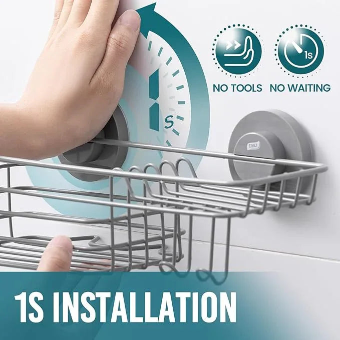 TAILI Shower Caddy Suction Cup with Hooks & Soap holder, Heavy Duty Bathroom Shower Organizer, No Drilling Shower Shelves for Inside bathroom, Metal Storage Basket-Grey - ModernBath