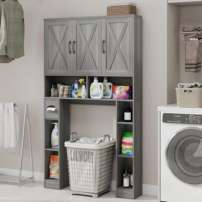 Over The Toilet Storage Cabinet, Farmhouse Toilet Cabinet Rack with 3 Barn Doors, Space Saving Bathroom Organizer with Shelves, Toilet Paper Holder and Towel Rack for Bathroom,Restroom,Laundry - ModernBath
