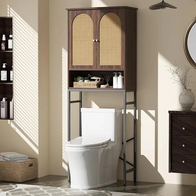 Rattan Toilet Storage Cabinet, Over The Rack Wood Cabinet with Metal Stand, Bathroom Organizer with Adjustable Shelf, Space Saving Cupboard for Small Bathrooms, Washer Shelf, Dark Brown - ModernBath