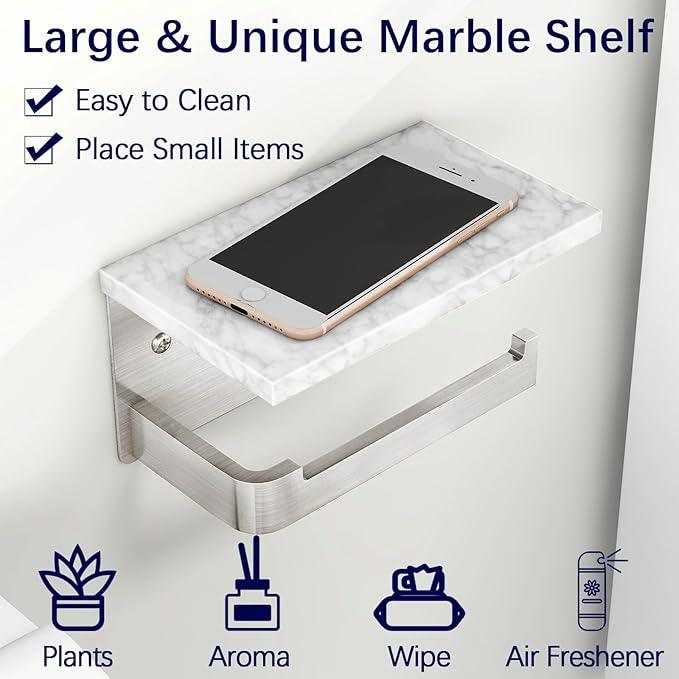 Toilet Paper Holder with Shelf, Extended Base Wall Mounted, Marble Toilet Roll Holder Brushed Nickel for Bathroom Washroom - ModernBath