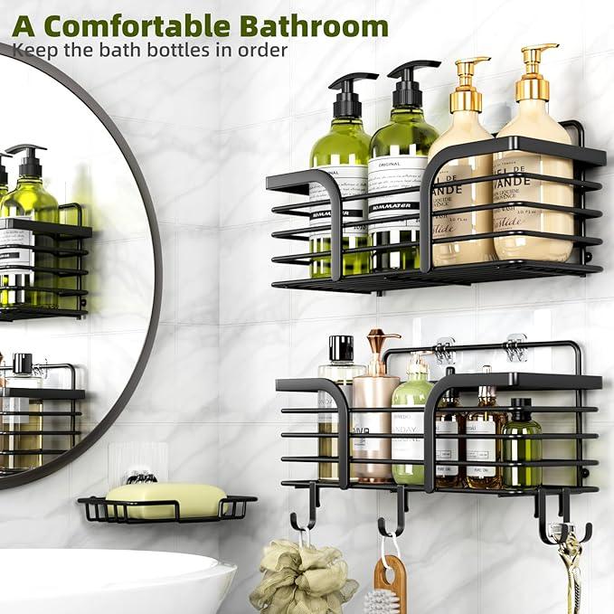 Shower Caddy, Adhesive Shower Organizer with Soap Dish and 4 Hooks, Rustproof Stainless Steel Shower Shelves, Wall Mounted No Drilling Storage Shelf Basket Accessories for Bathroom & Kitchen - ModernBath