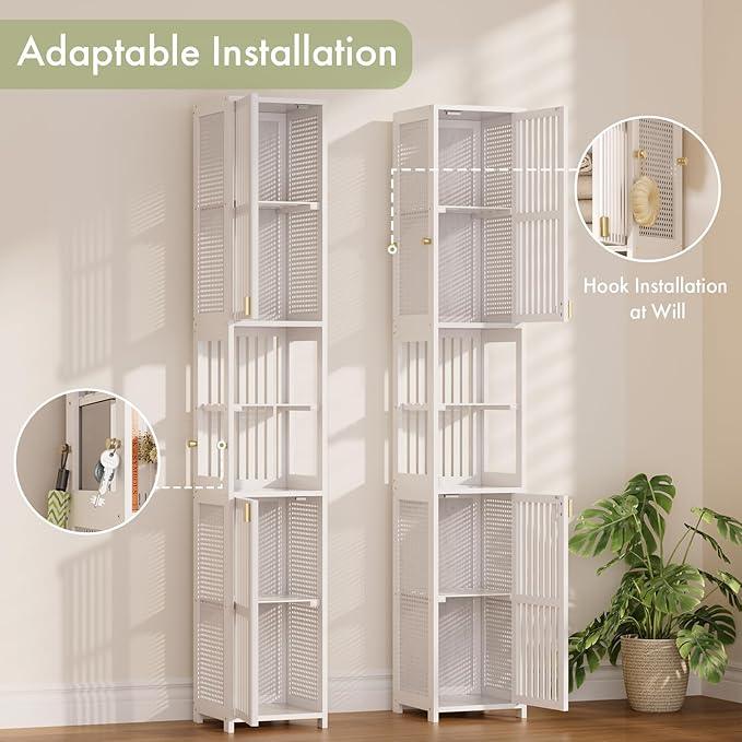 Amazer 70'' Tall Bathroom Storage Cabinet Bamboo, Slim Storage Cabinet with Rattan Door and Adjustable Shelves, Narrow Freestanding Organizer for Living Room Kitchen, White - ModernBath