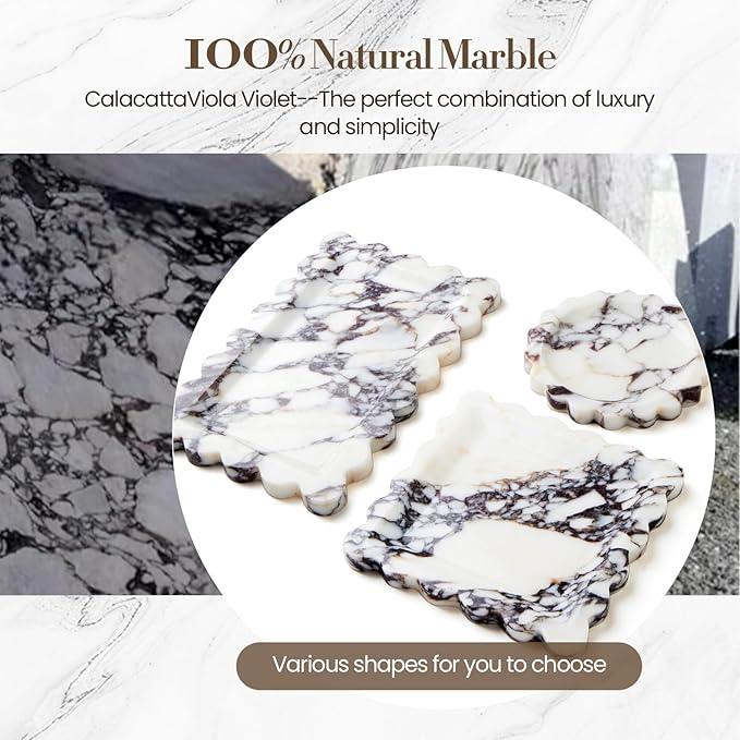 SAMAH Calacatta Viola Scalloped Marble Tray, Natural Marble Jewelry Dish, Luxury Decorative Trays for Bathroom, Vanity, Dresser, Kitchen & Home Decor, House Warming Gifts New Home (Round, 6.3Inch) - ModernBath