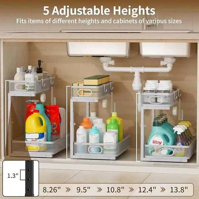 Under Sink Organizer 2 Pack, 2-Tier Slide Out Cabinet Organizer with Metal Sliding Drawer and Hooks, Pull Out Storage Baskets for Kitchen Bathroom Pantry Cabinet Organization (grey) - ModernBath