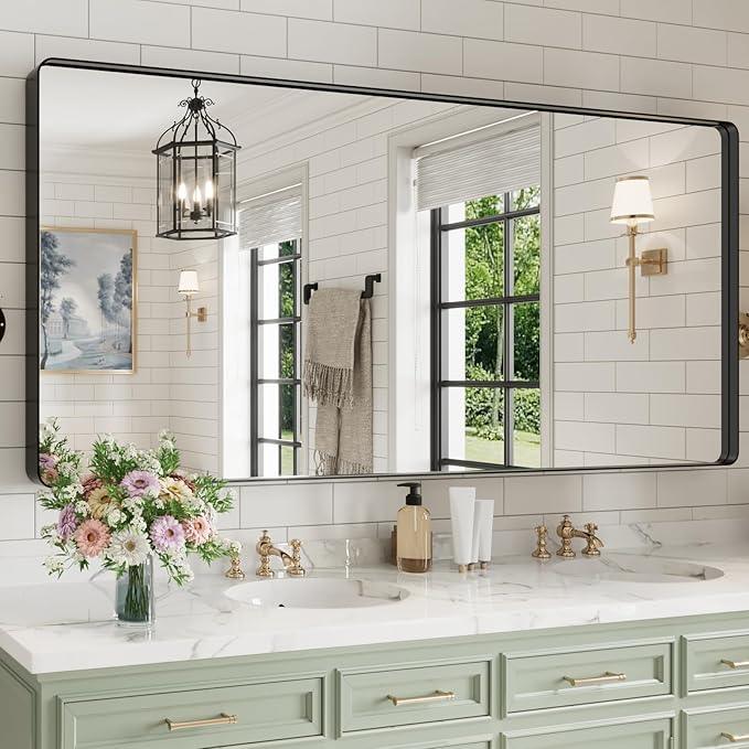 WEER Black Bathroom Mirror for Wall, 77X36 Inch Matte Black Mirror, Rectangular Black Metal Framed Vanity Mirror with Tempered Glass, Rounded Corner, Anti-Rust (Horizontal/Vertical) - ModernBath