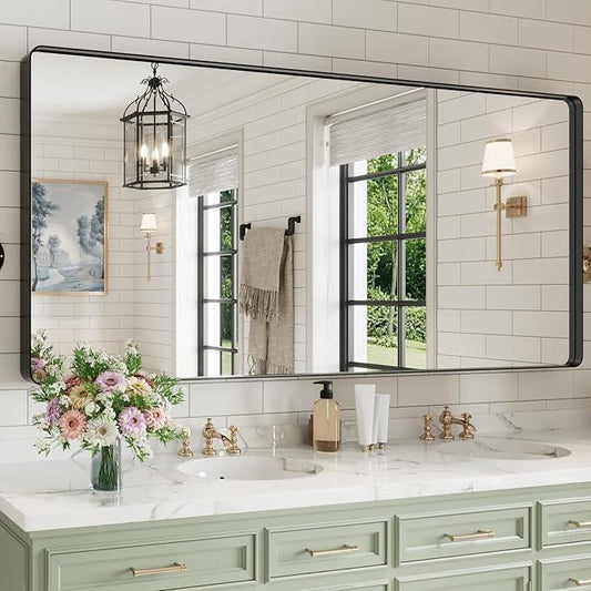 WEER Black Bathroom Mirror for Wall, 77X36 Inch Matte Black Mirror, Rectangular Black Metal Framed Vanity Mirror with Tempered Glass, Rounded Corner, Anti-Rust (Horizontal/Vertical) - ModernBath