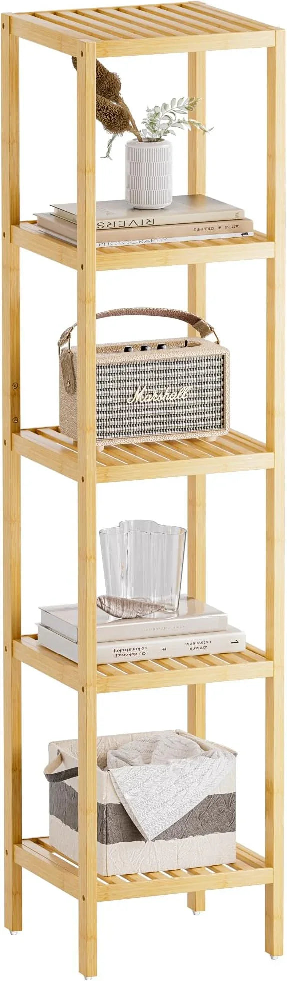 SMIBUY Bathroom Storage Shelf, 5-Tier Bamboo Rack Organizer, Multifunctional Shelving Unit for Living Room Bedroom Kitchen (Natural) - ModernBath