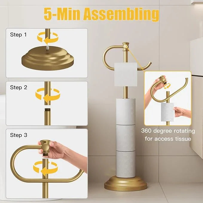 BESy Toilet Paper Holder Free Standing Bathroom Toilet Tissue Holder Stand for Floor Toilet Paper Roll Holder with Storage Hardware Accessories Rack Hand Towel Bar Brushed Gold Stainless Steel - ModernBath
