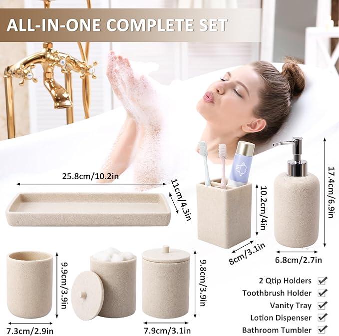 Resin 6 Pcs Beige Bathroom Set Complete with Toothbrush Holder, Lotion Soap Dispenser, 2 Qtip Holder Dispensers,Vanity Tray,Bathroom Tumbler - Countertop Vanity Organizer - Bathroom Accessories Set - ModernBath