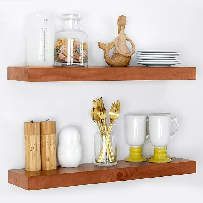 Homeforia 24inch Oak Floating Shelf for Wall, High End Solid Real Wood 24 inches Long Floating Shelves for Bathroom, Honey Oak Wooden Floating Shelves, Heavy Duty Bracket, 24 X 6.5 X 1.75 in, Set of 2 - ModernBath