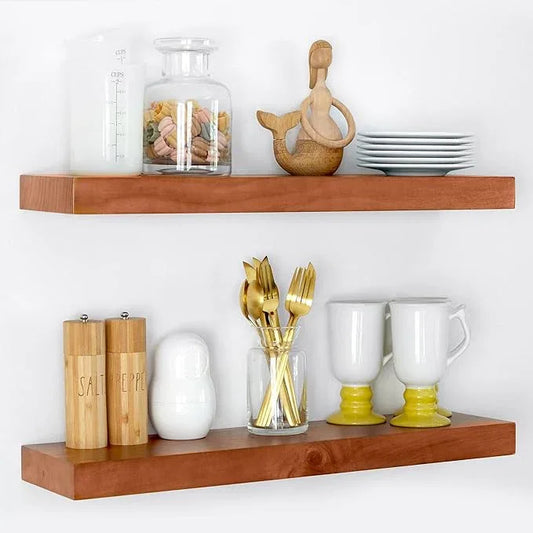 Homeforia 24inch Oak Floating Shelf for Wall, High End Solid Real Wood 24 inches Long Floating Shelves for Bathroom, Honey Oak Wooden Floating Shelves, Heavy Duty Bracket, 24 X 6.5 X 1.75 in, Set of 2 - ModernBath