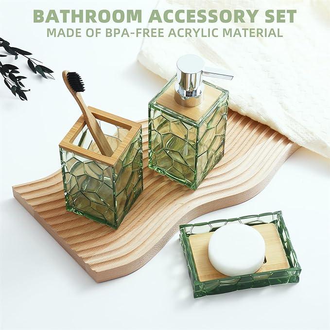 GAHEFY Sage Green Bathroom Accessories Set, Toothbrush Holder, Soap Dispenser, Cotton Swabs Holder, Soap Dish, Toilet Brush with Holder, Boho Bamboo Bathroom Decor,Acrylic (Green) - ModernBath