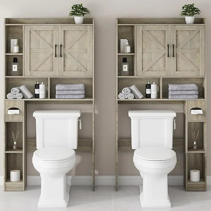 Vabches Over The Toilet Storage Cabinet, Farmhouse Storage Cabinet Over Toilet with 2 Barn Door & Toilet Paper Holder Stand，Home Space-Saving Toilet Rack, for Bathroom, Restroom, Laundry - ModernBath