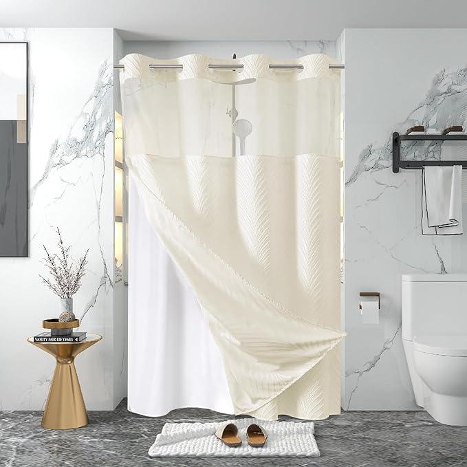 eachope stall no Hook Tufted Shower Curtain with snap in Liner Set, White Waterproof Fabric Inner Liner,Boho Style Shower Curtain with See Through top Window, Cream, 54Wx80H - ModernBath