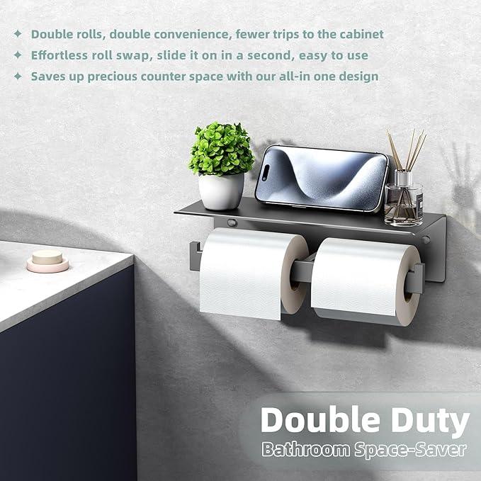 APLusee Gunmetal Gray Double Toilet Paper Holder with Shelf, 304 Stainless Steel Bathroom Tissue Roll Holder, Wall Mounted Paper Dispenser for Bathroom Kitchen, Fits Mega Rolls - ModernBath