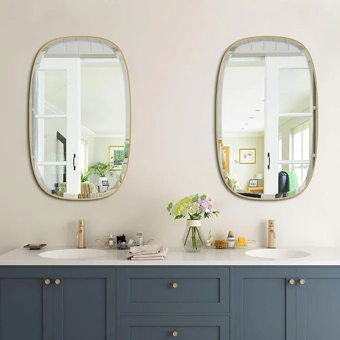 POZINO Brushed Gold Mirror, 20"x30" Brass Beveled Mirrors for Bathroom, Rounded Rectangle Mirror, Modern Vanity Wall Mirrors in Premium Stainless Steel Frame Hangs Horizontal Or Vertical - ModernBath