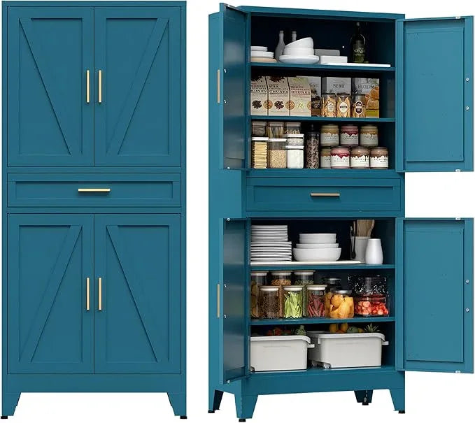 COFaR Farmhouse Storage Kitchen Pantry Cabinet with 4 Barn Door, 4 Adjustable Shelves, Drawer and Legs, for Cupboard/Dining Room/Bathroom/Living Room/Office/Laundry Room(Blue Green, 71" Metal Cabinet) - ModernBath
