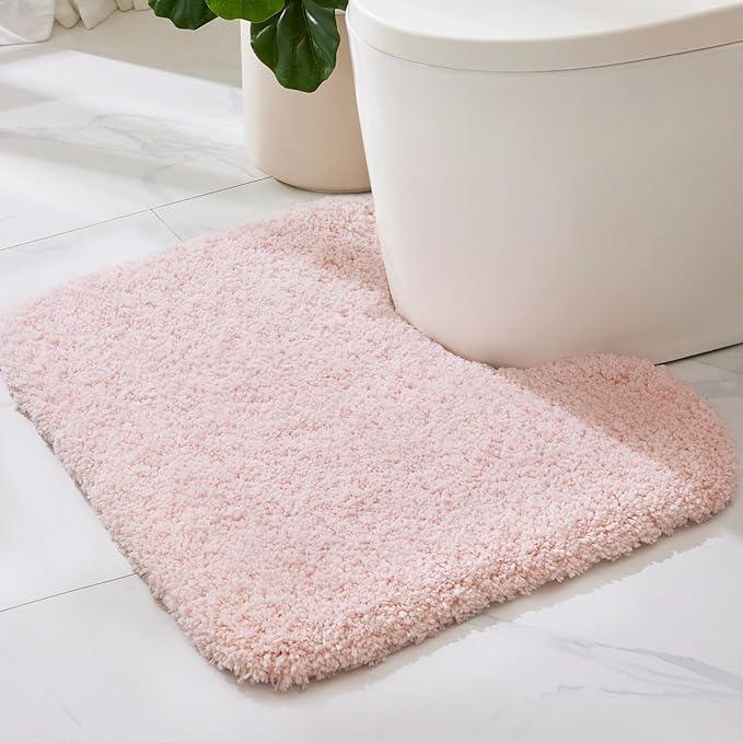 ILANGO Pink Toilet Rugs U Shaped 22" × 24" Non Slip & Super Absorbent Extra Thick Soft, Washable Bath Mats for Bathroom Floor, Microfiber Plush Shaggy Contour Bath Rugs for Toilet,Dry Quick - ModernBath