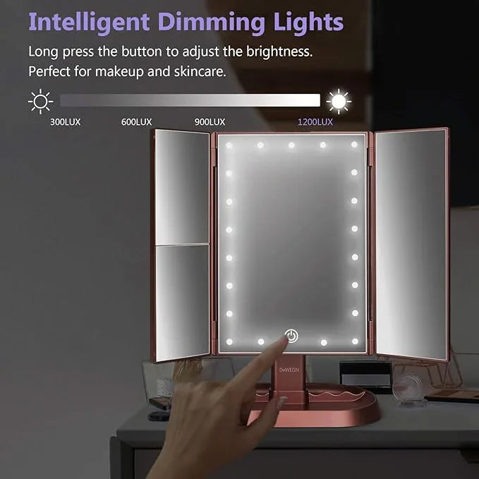 deweisn Trifold Lighted Vanity Makeup Mirror with 21 LEDs Lights,1x/2x/3x Magnification and Touch Screen Dimming,Two Power Supplies Makeup Mirror, Gift for Women - ModernBath