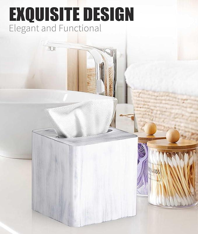 Livelab Tissue Box Cover Square - Oak Wood Tissue Box Holder for Living Room, Dinner Table, Bathroom, Office - Decorative Wooden Cube Facial Tissue Cover for Modern Farmhouse Home Decor | Whitewash - ModernBath