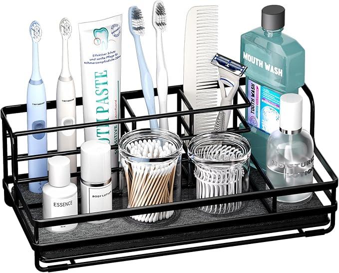 HapiRm Toothbrush Holders for Bathroom - 5 Partitions Bathroom Counter Organizer with Instant Drying Stone, Stainless Steel Countertop Storage Electric Toothbrush Toothpaste Holder - Black - ModernBath