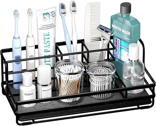 HapiRm Toothbrush Holders for Bathroom - 5 Partitions Bathroom Counter Organizer with Instant Drying Stone, Stainless Steel Countertop Storage Electric Toothbrush Toothpaste Holder - Black - ModernBath
