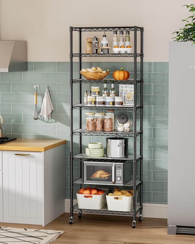 8 Tier Shelves Storage Shelf Wire Closet Bathroom Organizers Metal Pantry Kitchen Garage Shelving Unit Laundry Room Organization Home Rack Net Basket Black with Wheels 12”D X 22”W X 74.2”H - ModernBath