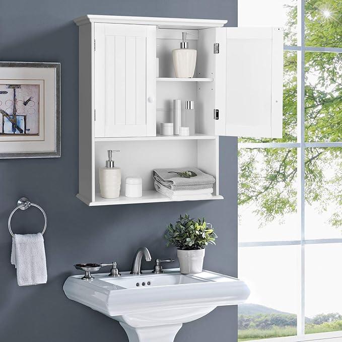 Tangkula Wall Mount Bathroom Cabinet Wooden Medicine Cabinet Storage Organizer with 2-Doors and 1-Shelf Cottage Collection Wall Cabinet (White) - ModernBath