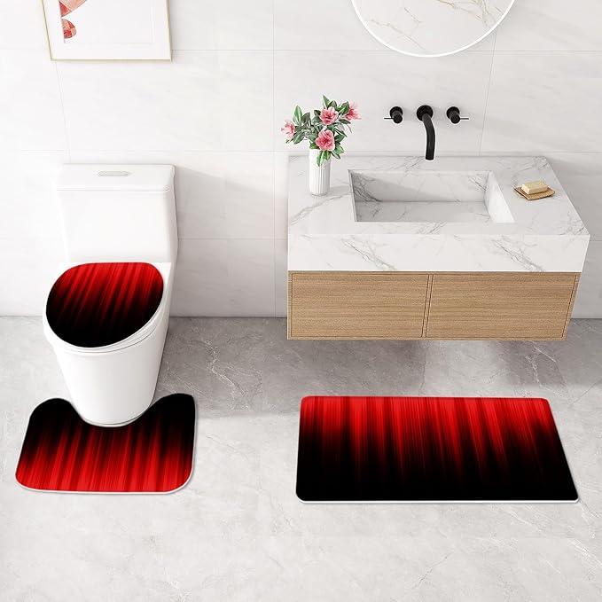 Litabel 4 Pcs Red and Black Gradient Shower Curtain Set with Rugs and Toilet Lid Cover, Modern Simple Waterproof Fabric Bathroom Set, Ombre Stripe Gothic Abstract Bathroom Decor Set Accessories - ModernBath