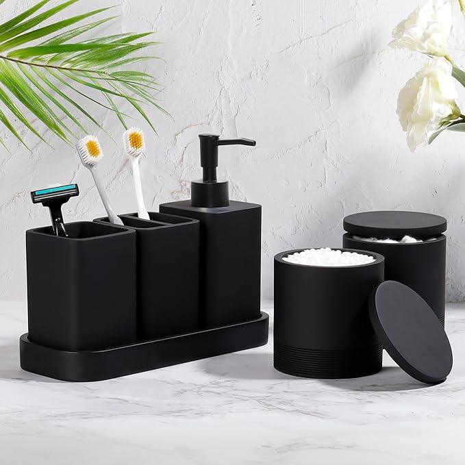 YMXYJM Bathroom Accessories Set, 6 Piece Bathroom Set with Toothbrush Holders, Soap Dispenser, Vanity Tray, Tumbler, Cotton Swab Jars, Bathroom Organizer，Bathroom Sink Sets, Matte Black - ModernBath
