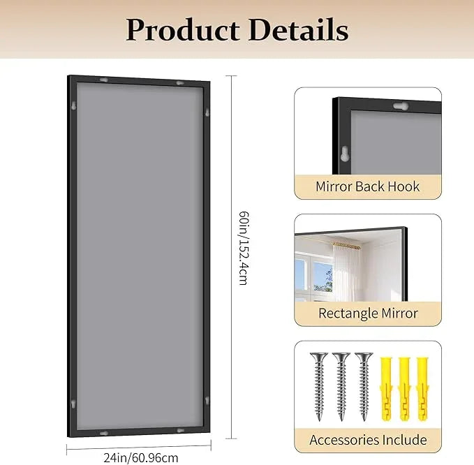 COFENY Black Bathroom Mirror for Wall, 24x60 Inch Rectangle Mirror with Metal Frame, Modern Vanity Mirrors for Bathroom Living Room, Entryway Hangs Horizontal or Vertical - ModernBath