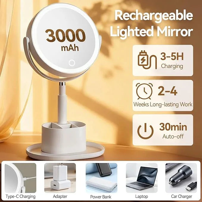 Shinowa Makeup Mirror with Lights, 1X/20X Lighted Magnifying Mirror with Storage for Makeup & Jewelry, 2-Sided Height Adjustable Vanity Mirror with 3 Color Lights, 360° Rotation & Rechargeable, White - ModernBath
