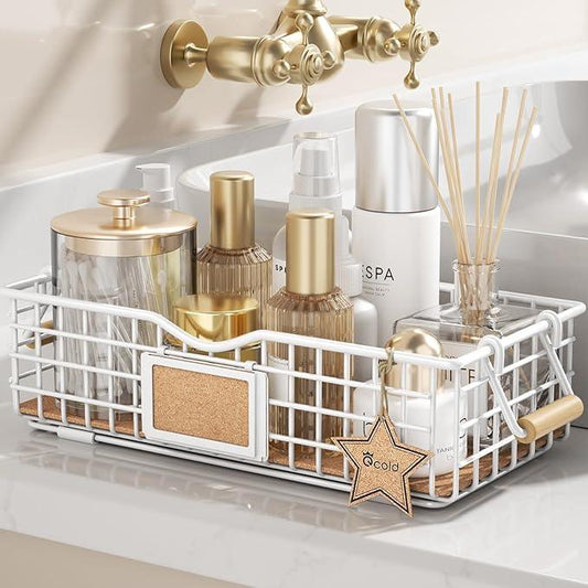 Bathroom Organizer Basket with Handle, Bathroom Decor Organizer - Bathroom Organizers and Storage - Exquisite Vanity Organizer for Skincare - Bathroom Counter Tray for Organizing - White - ModernBath