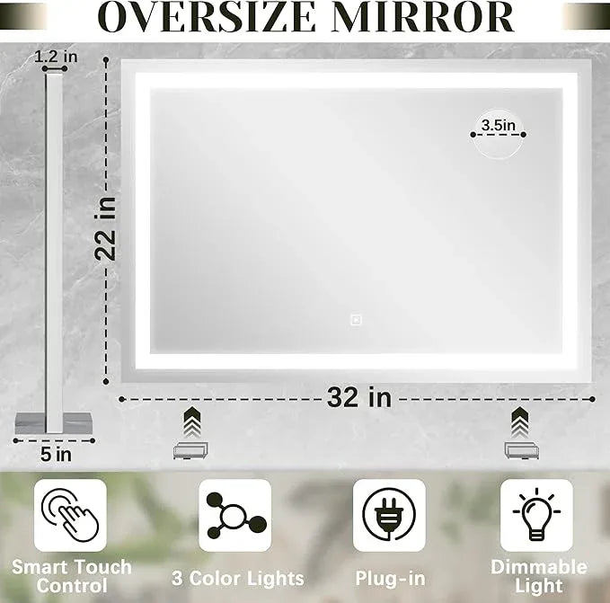 ROLOVE 32x 22 Inch Large Lighted Vanity Mirror with Dimmable 3 Modes, LED Makeup Mirror for Bathroom ＆ Dressing Room, Tabletop or Wall-Mounted, White - ModernBath