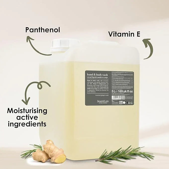 Jean & Len Hand & Body Wash Rosemary and Ginger in canister, cleans and cares for the skin, spicy fresh scent, liquid soap in refill canister, without silicones & parabens, 169.07 Fl. OZ. - ModernBath