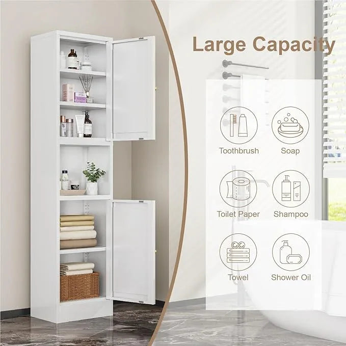 Metal Bathroom Storage Cabinet, 67" Tall Narrow Freestanding Floor Cabinet with Adjustable Shelves and Open Compartment, Slim Metal Locker for Laundry, Kitchen, Dining Room - ModernBath