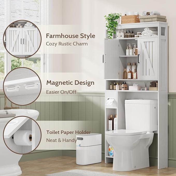Over The Toilet Storage Cabinet with 2 Barn Doors & Built-in Toilet Paper Holder, Farmhouse Space-Saving Organizer for Bathrooms and Laundry Room, White - ModernBath