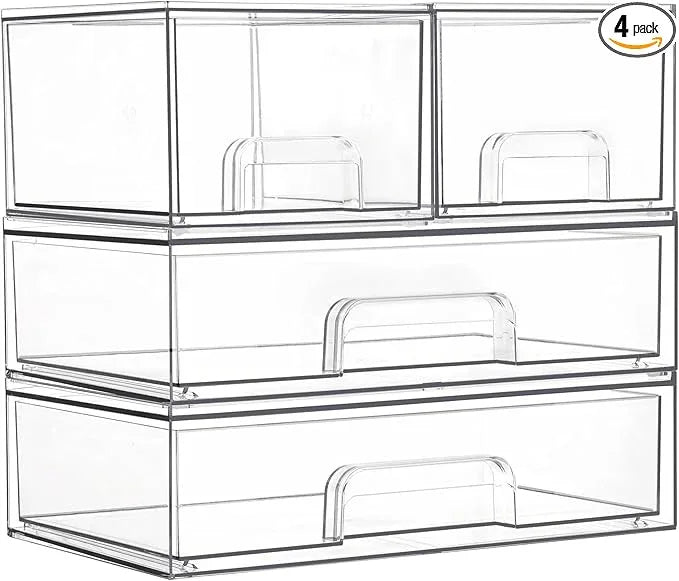 Vtopmart Stackable Storage Drawers Set of 4, Clear Plastic Organizer Bins for Bathroom Supplies,Ideal for Cabinet,Pantry,Laundry Room Organization - ModernBath