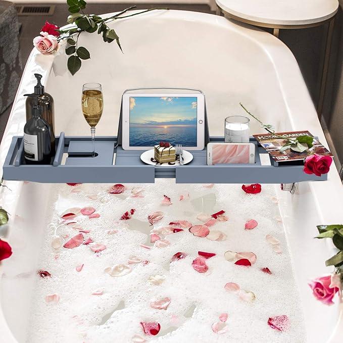 Domax Bathtub Caddy Tray Expandable Bamboo Tub Tray for Luxury Bath with Book Holder and Free Soap Dish (Gray, 29.4"-44.2"x 9.1"x1.65") - ModernBath