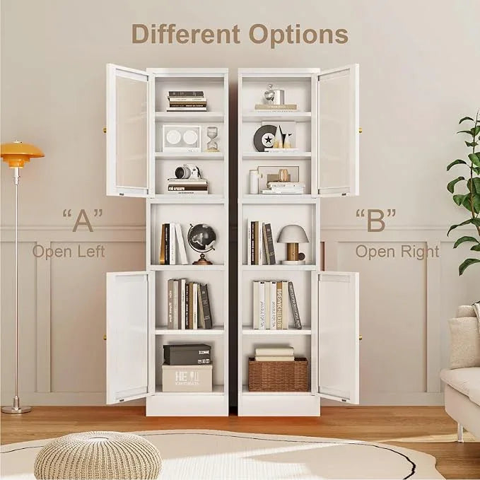 Metal Bathroom Storage Cabinet, 67" Tall Narrow Freestanding Floor Cabinet with Adjustable Shelves and Open Compartment, Slim Metal Locker for Laundry, Kitchen, Dining Room (White-Glass, 67"H) - ModernBath