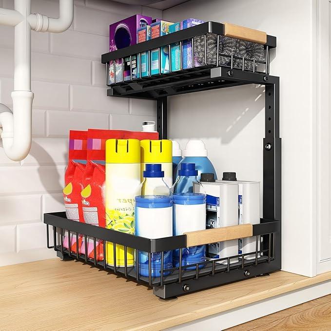 PXRACK 1 Pack Under Sink Organizer,Adjustable Height,2 Tier Pull Out Under Cabinet Organizer,Slide Out Thickened Metal Under Sink Storage for Kitchen Bathroom Laundry Cabinet Pantry,Black(S) - ModernBath