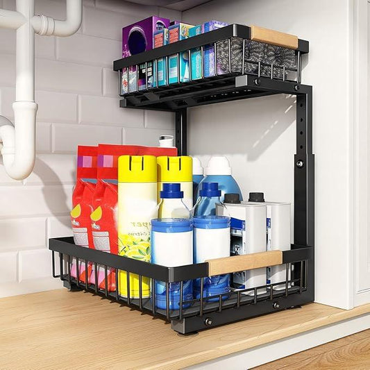 PXRACK 1 Pack Under Sink Organizer,Adjustable Height,2 Tier Pull Out Under Cabinet Organizer,Slide Out Thickened Metal Under Sink Storage for Kitchen Bathroom Laundry Cabinet Pantry,Black(S) - ModernBath