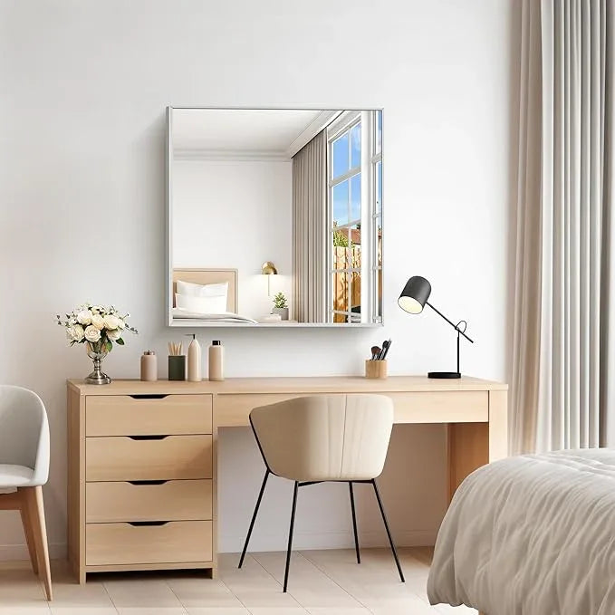 COFENY Silver Bathroom Mirror for Wall, 30x30 Inch Rectangle Mirrors with Metal Frame, Modern Vanity Wall Mirror Decor for Bathroom Living Room, Entryway Hangs Horizontal or Vertical - ModernBath