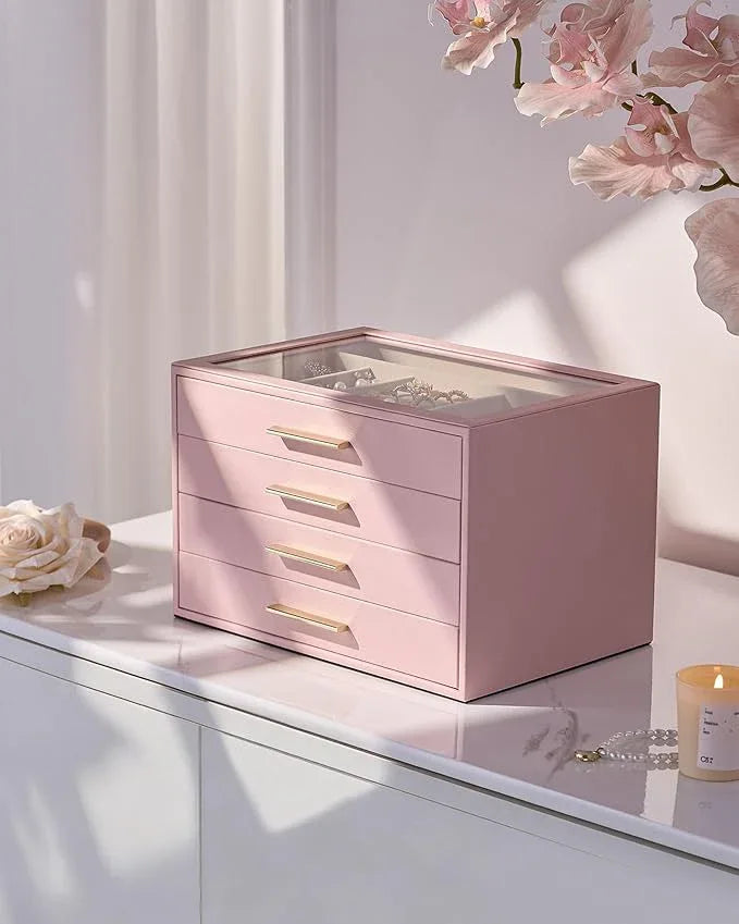 pickpiff Jewelry Box Organizer Case for Women: 4-Layer Jewelry Storage Case with Glass Window, Pink Leather with Velvet Holder for Ring Necklace Bracelet Brooch Watch, Great Gift for Her - ModernBath