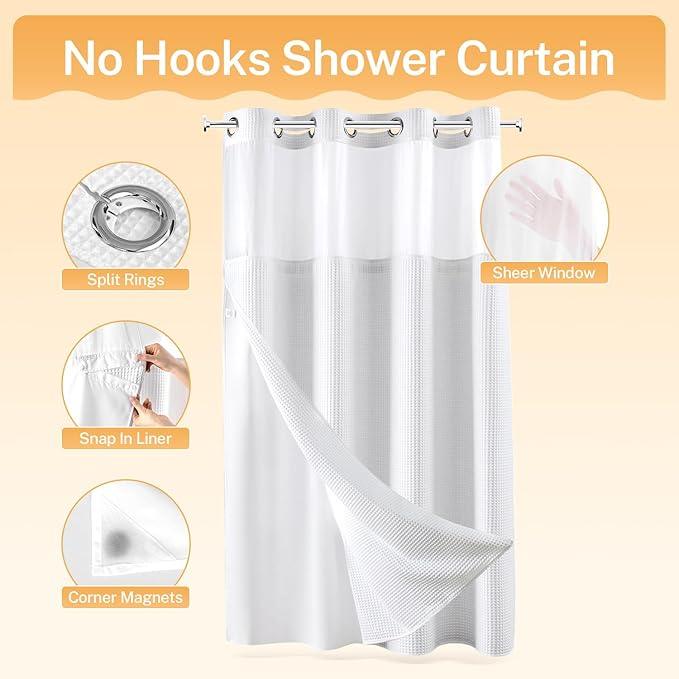 River Dream White Fabric Shower Curtain Set, Cotton Blend, Waffle Weave, with Snap in Replacement Liner，54 x 80 inches - ModernBath