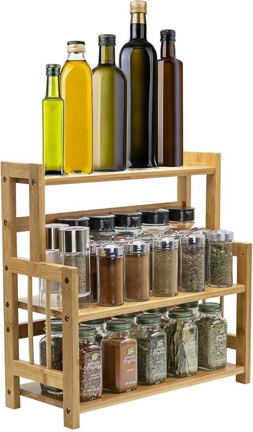 Sorbus Kitchen Countertop Organizer Bamboo Wooden Counter Storage Shelf Rack for Spice, Soap, Skin Care, Makeup Display Stand, Bathroom Shelves, Vanity, Office (3-Tier) - ModernBath